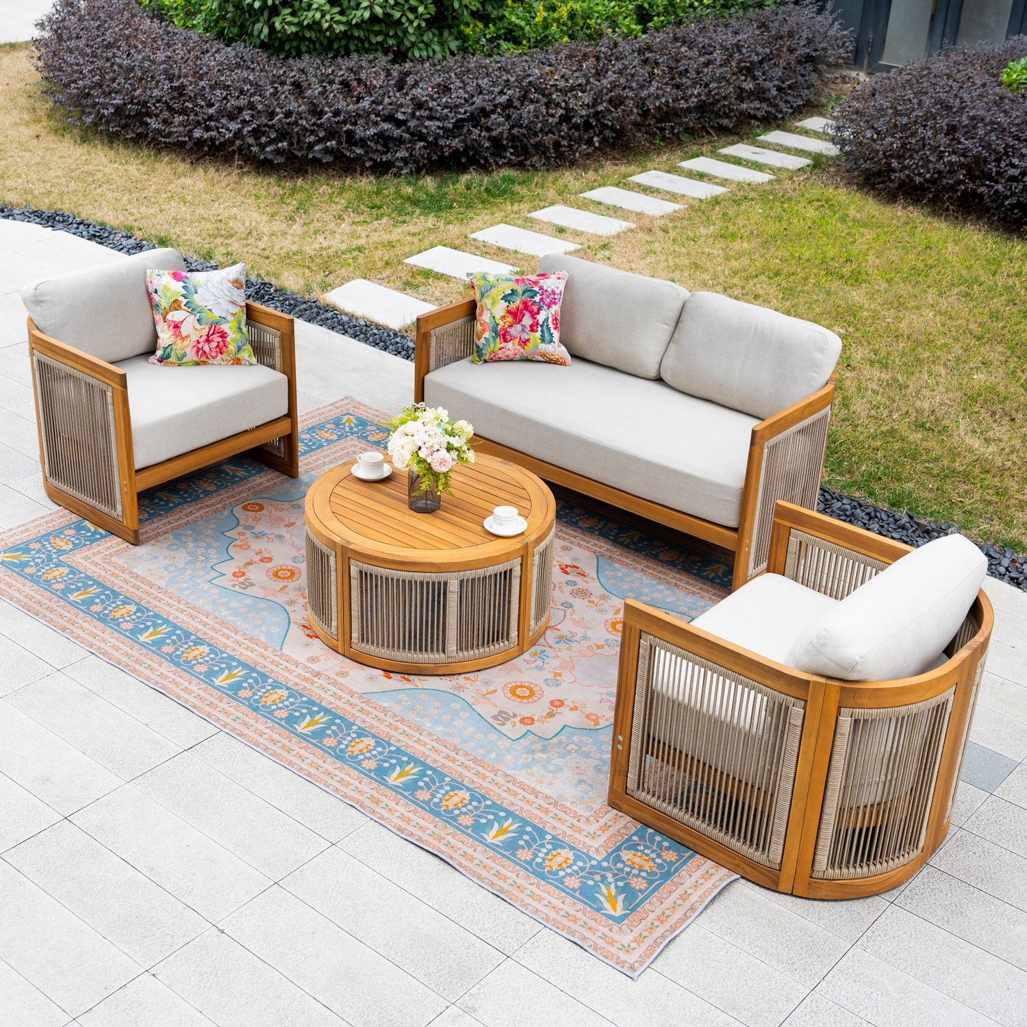 CAVEN 4-Seater Solid Wood Garden Sofa Set - 4-Piece Outdoor Sofa Set with Cushions