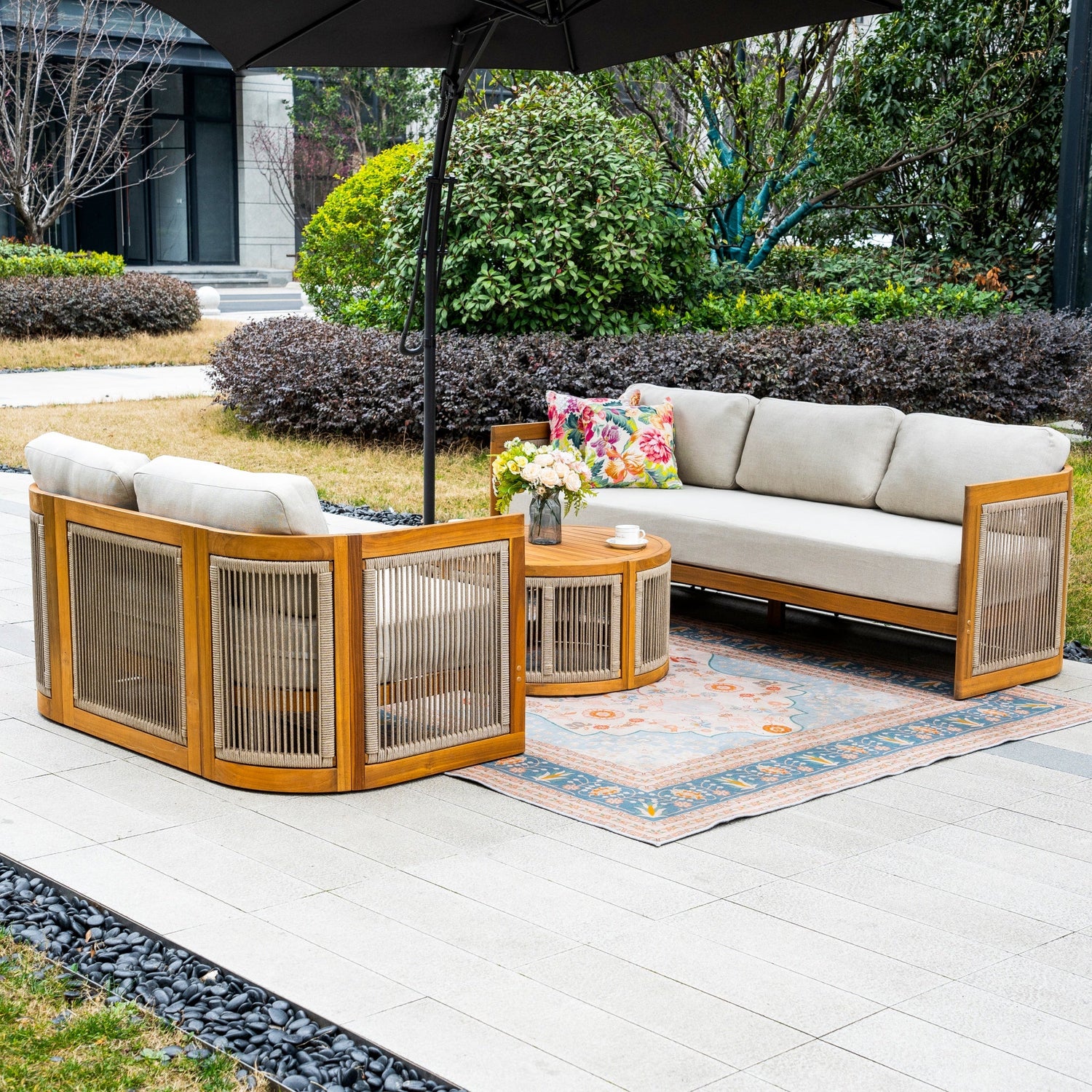 CAVEN 5-Seater Solid Wood Garden Sofa Set - 3-Piece Outdoor Sofa Set with Cushions