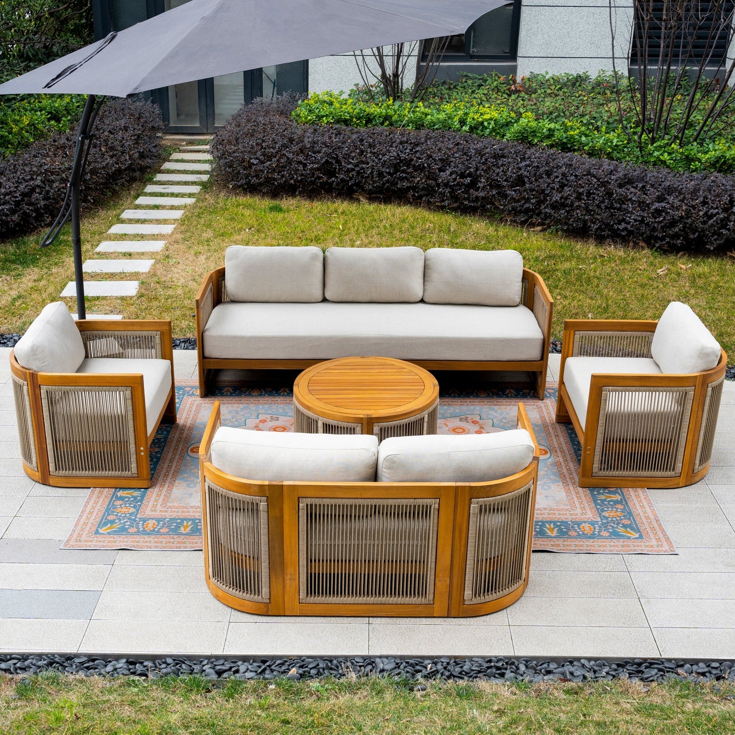 CAVEN 7-Seater Solid Wood Garden Sofa Set - 5-Piece Outdoor Sofa Set with Cushions