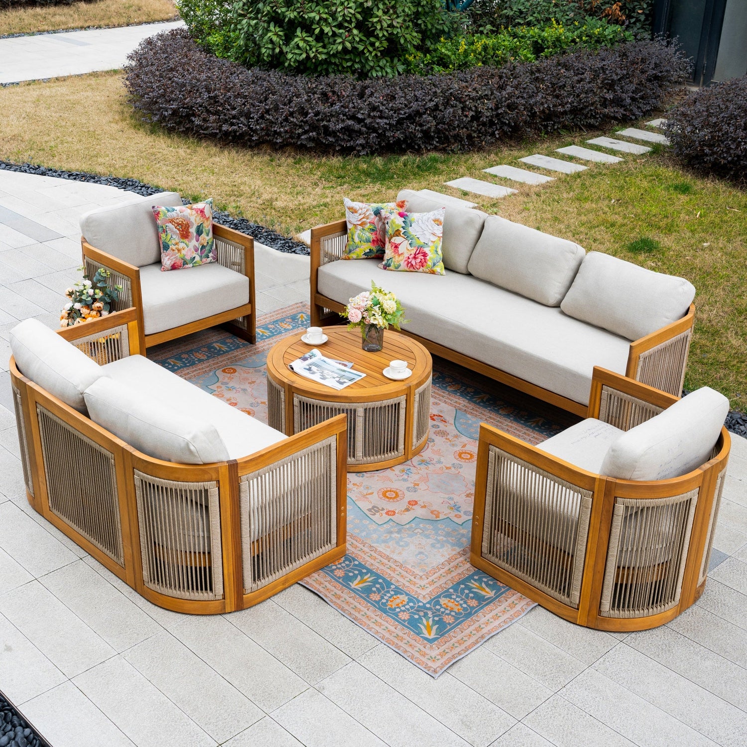 CAVEN 7-Seater Solid Wood Garden Sofa Set - 5-Piece Outdoor Sofa Set with Cushions