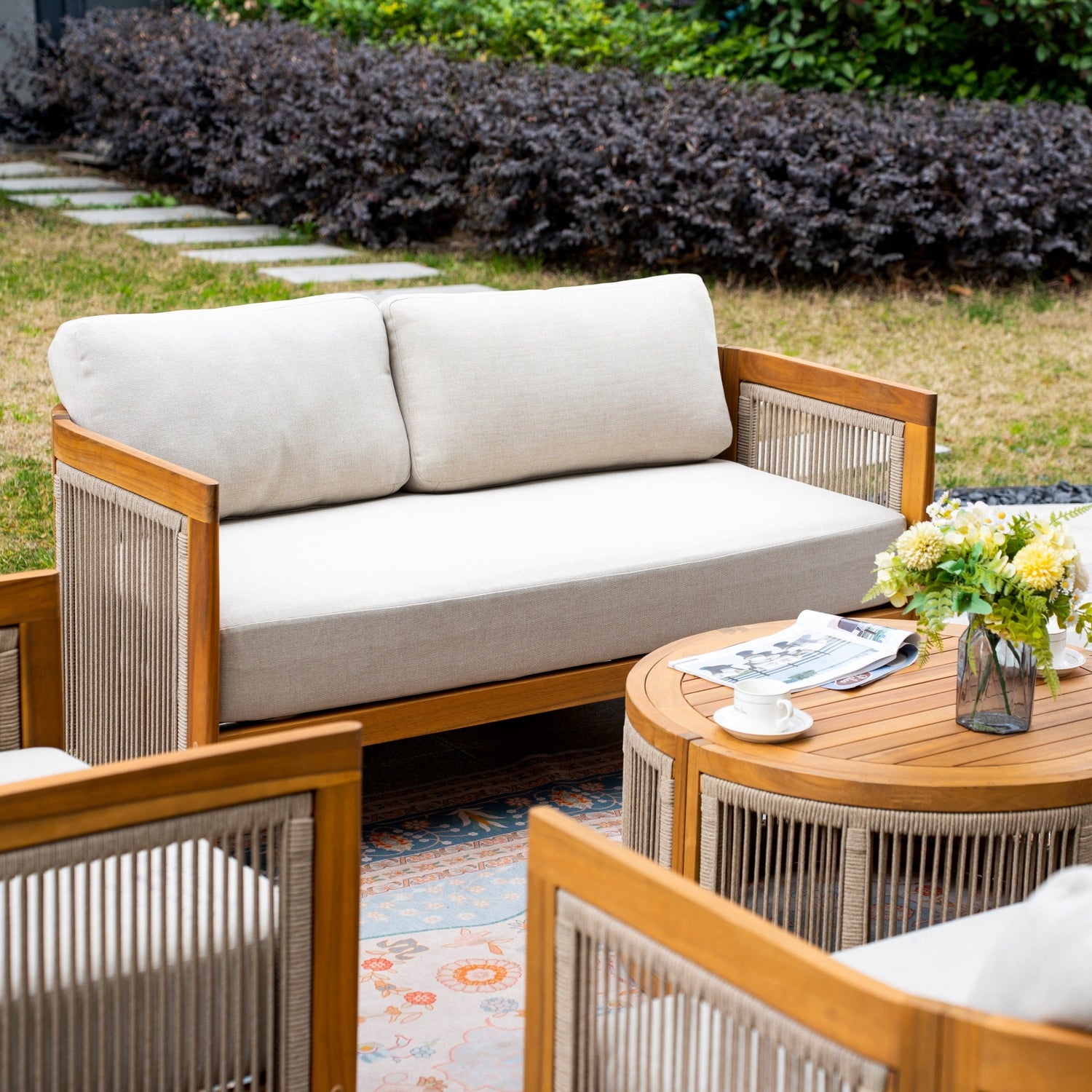 CAVEN 7-Seater Solid Wood Garden Sofa Set - 5-Piece Outdoor Sofa Set with Cushions
