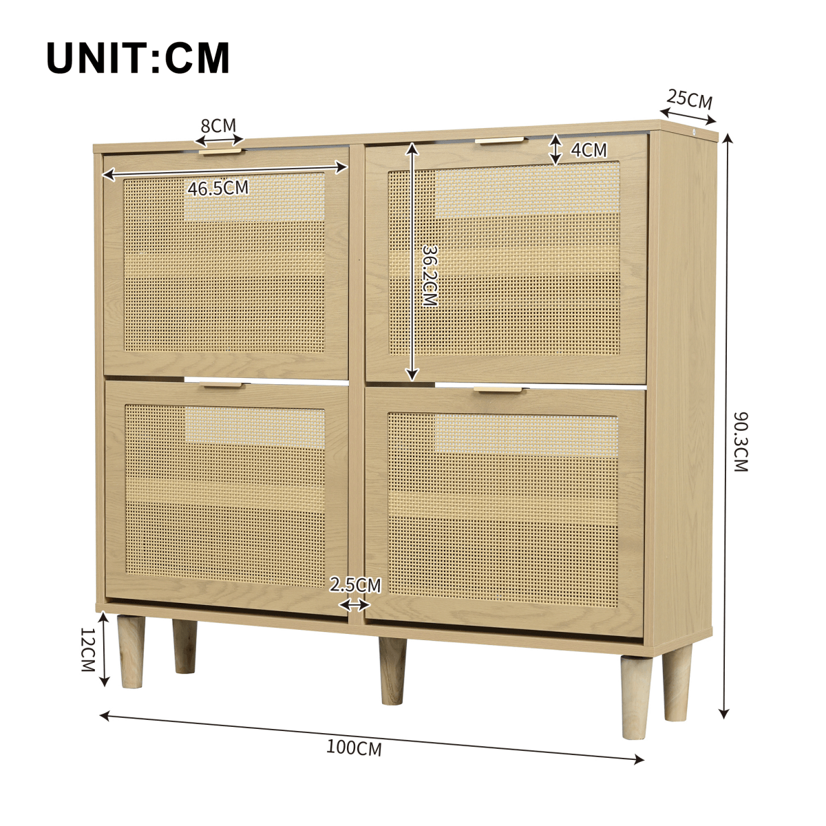 Rattan Shoe Storage Cabinet with 4 Flip Drawers - Wooden Hallway Shoe Organiser, Light Oak