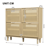 Rattan Shoe Storage Cabinet with 4 Flip Drawers - Wooden Hallway Shoe Organiser, Light Oak