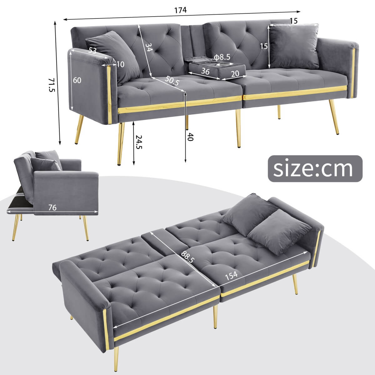 2 Seater Sofa Bed - Adjustable Backrest, Cup Holders, Convertible, Gold Accents