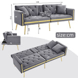 2 Seater Sofa Bed - Adjustable Backrest, Cup Holders, Convertible, Gold Accents