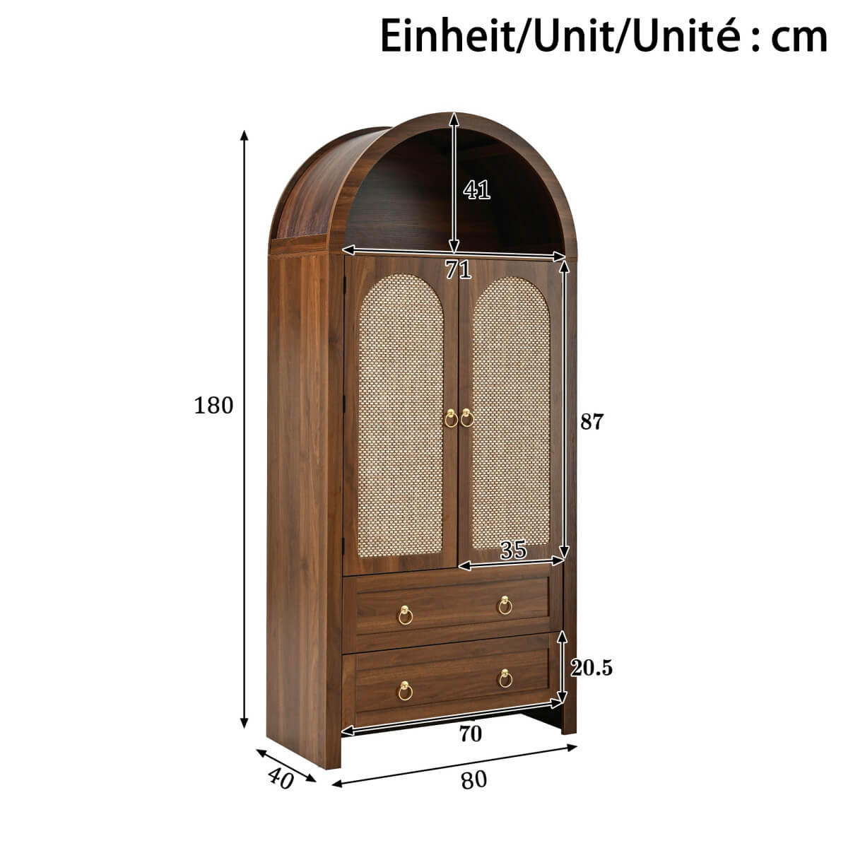 Rattan Effect Sideboard with 2 Drawers - Vintage Storage Cabinet with Arched Design for Living Room and Bedroom, Walnut