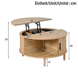Round Lift Top Coffee Table with Vertical Slat Design - MDF Living Room Table with Hidden Storage and Sliding Door, Oak
