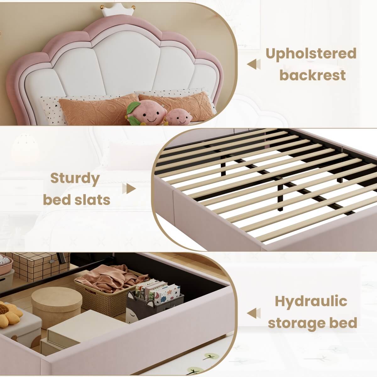 4ft6 Double Upholstered Storage Bed - Velvet Hydraulic Bed Frame with Lift-Up Storage Function, Pink