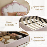 4ft6 Double Upholstered Storage Bed - Velvet Hydraulic Bed Frame with Lift-Up Storage Function, Pink