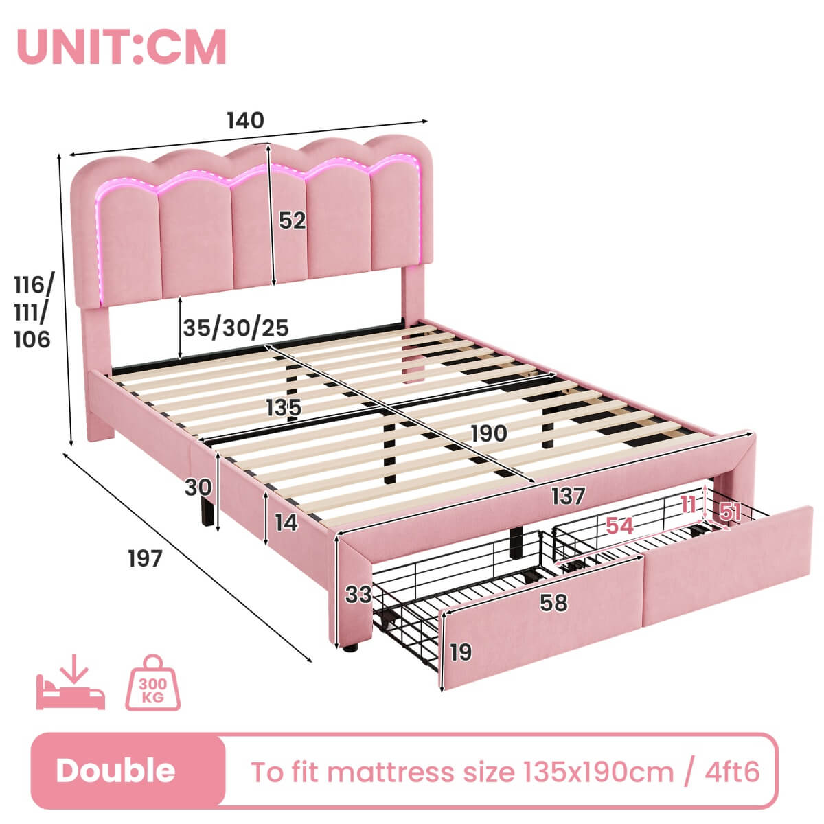 4ft6 Double Velvet Bed Frame with LED Wavy Headboard - Upholstered Bed with Storage Drawers, Charging Station, Pink