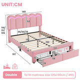 4ft6 Double Velvet Bed Frame with LED Wavy Headboard - Upholstered Bed with Storage Drawers, Charging Station, Pink