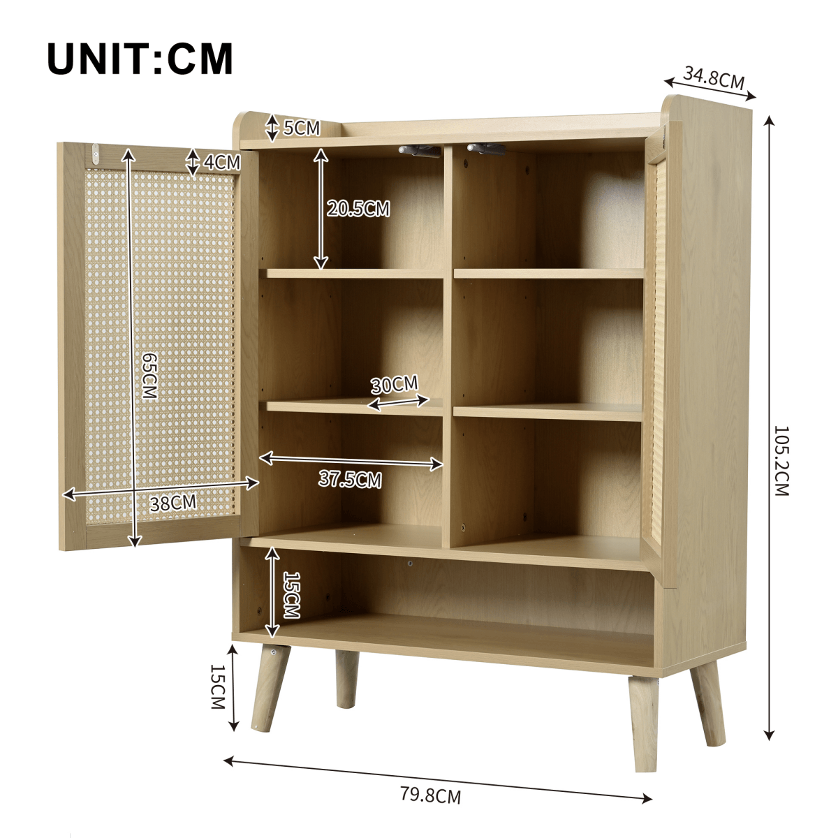 Natural Rattan Shoe Storage Cabinet - 5 Tier Freestanding Hallway Shoe Cupboard for Boots & Heels