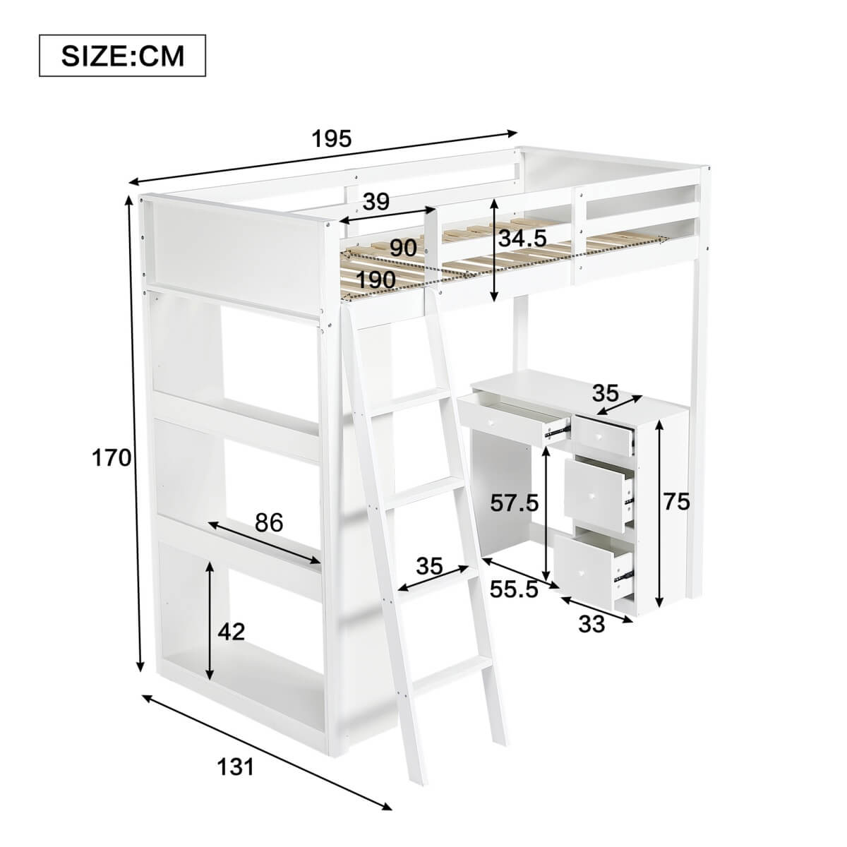 3ft Kids Bunk Bed with Desk & Storage – White Wooden Bed with 4-Step Ladder, Drawers & Shelves