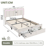 4ft6 Double Velvet Bed Frame with LED Wavy Headboard - Upholstered Bed with Storage Drawers, Charging Station, Beige