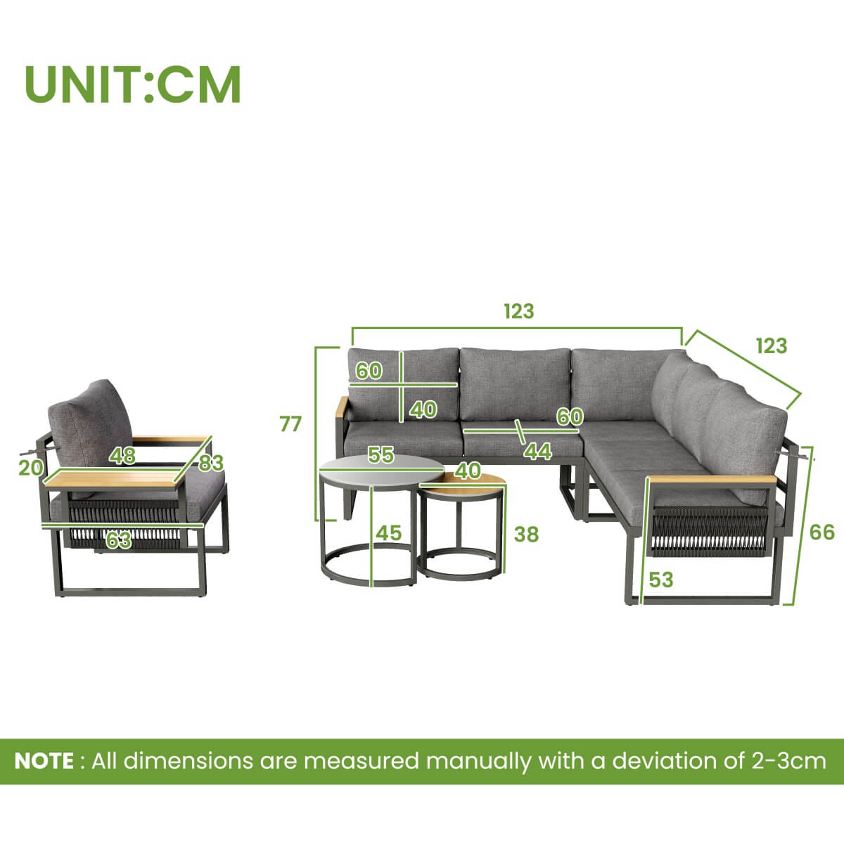 5-6 Seater Rope Woven Garden Furniture Set - Corner Sofa with Armchair and Nesting Coffee Tables, Grey