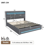 4ft6 Double Ottoman Bed Frame - LED Upholstered Storage Bed with USB & Type C Charging, Grey