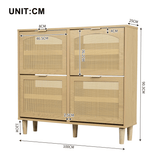 Slim Rattan Shoe Cabinet with 4 Drawers - Space Saving Hallway Storage Unit, Light Oak