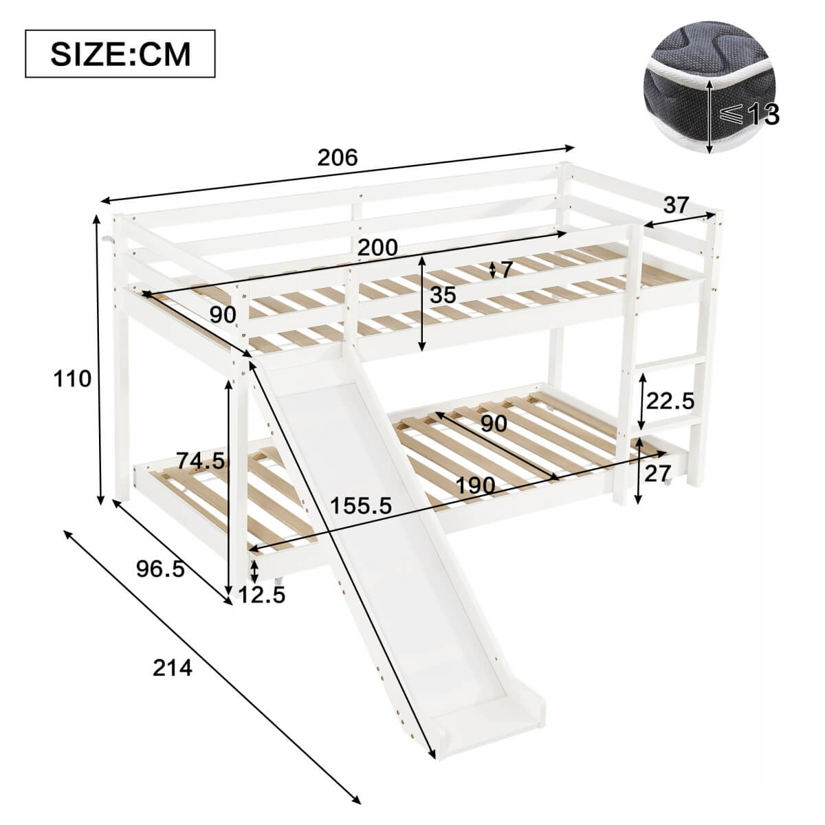 Children's Cabin Bunk Bed with Slide & Ladder — Adjustable Lower Bed for Kids