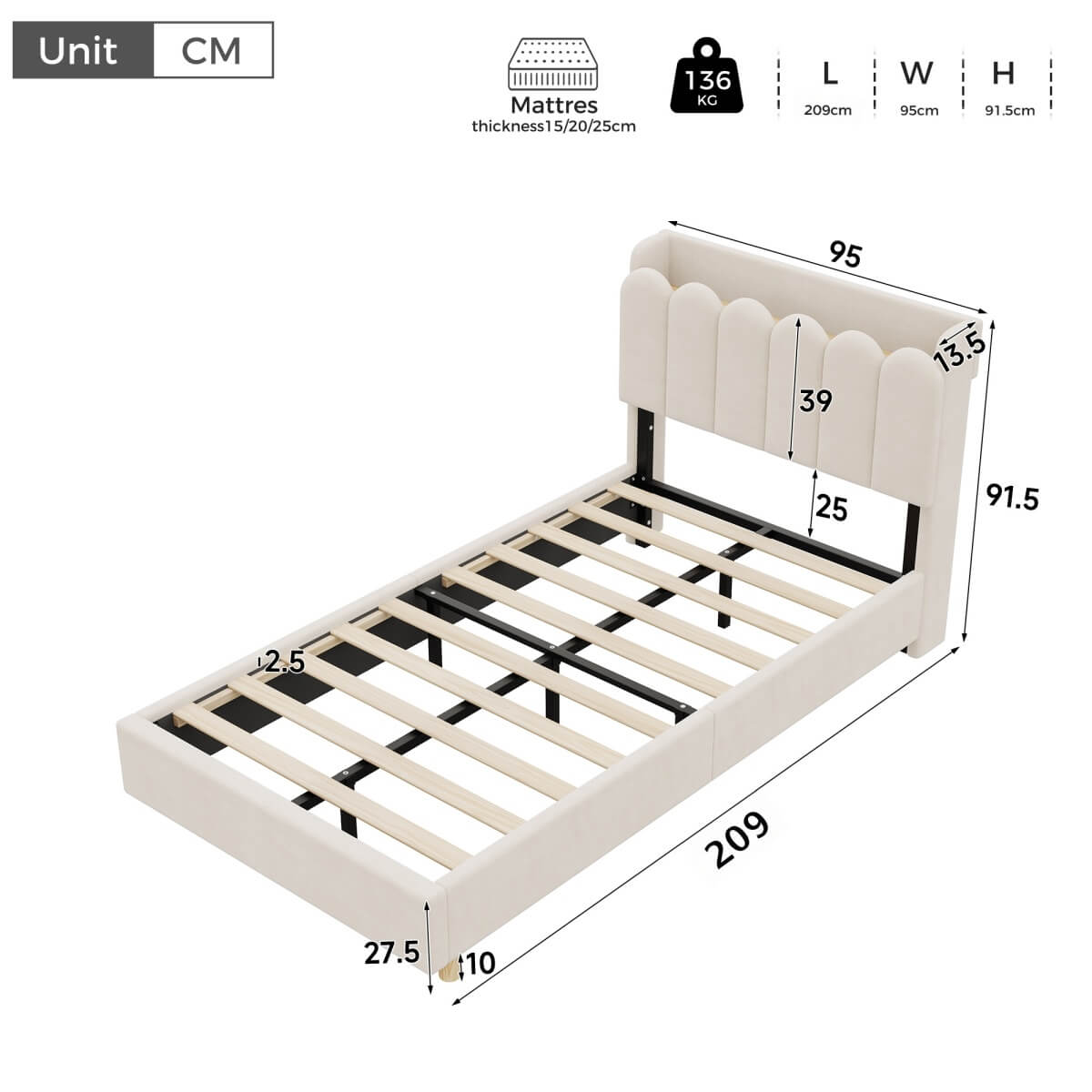 3ft Single Upholstered Storage Bed - Velvet Bed Frame with Storage Headboard, USB & Type-C Charging Ports and Reading Light, Beige