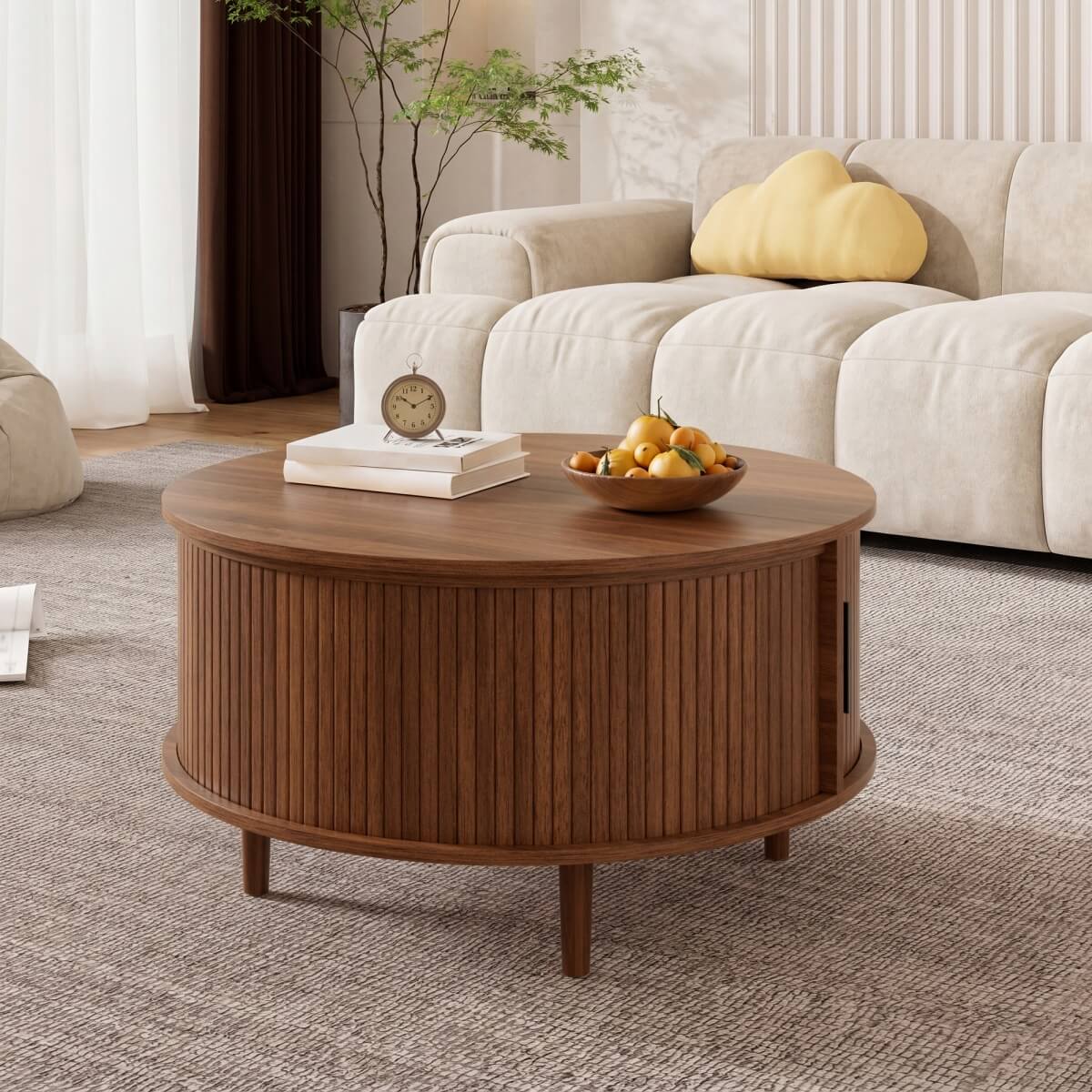 Round Lift Top Coffee Table with Vertical Slat Design - MDF Living Room Table with Hidden Storage and Sliding Door, Walnut