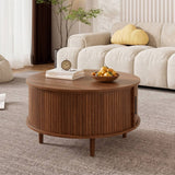 Round Lift Top Coffee Table with Vertical Slat Design - MDF Living Room Table with Hidden Storage and Sliding Door, Walnut