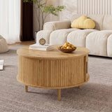 Round Lift Top Coffee Table with Vertical Slat Design - MDF Living Room Table with Hidden Storage and Sliding Door, Oak