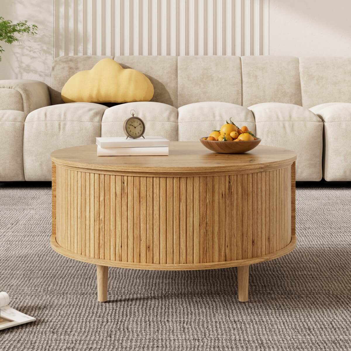 Round Lift Top Coffee Table with Vertical Slat Design - MDF Living Room Table with Hidden Storage and Sliding Door, Oak