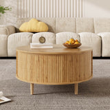 Round Lift Top Coffee Table with Vertical Slat Design - MDF Living Room Table with Hidden Storage and Sliding Door, Oak