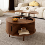Round Lift Top Coffee Table with Vertical Slat Design - MDF Living Room Table with Hidden Storage and Sliding Door, Walnut