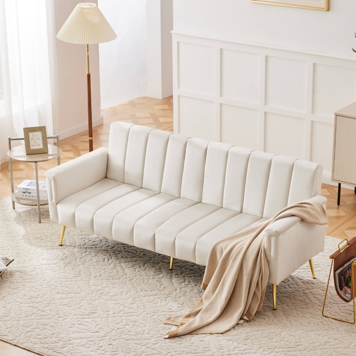 Modern Velvet Sofa Bed - Adjustable Backrest & Armrests, Convertible Sleeper with Metal Legs for Living Room, Bedroom & Guest Room, Beige