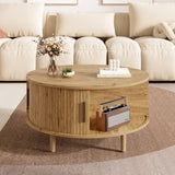Round Lift Top Coffee Table with Vertical Slat Design - MDF Living Room Table with Hidden Storage and Sliding Door, Oak