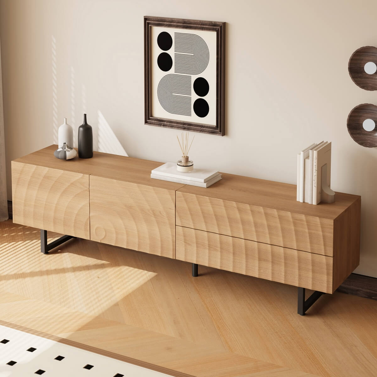 Modern TV Stand - TV Unit with 3D Textured Doors, Low TV Cabinet for Living Room