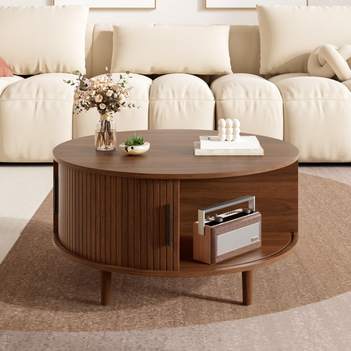 Round Lift Top Coffee Table with Vertical Slat Design - MDF Living Room Table with Hidden Storage and Sliding Door, Walnut