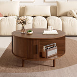 Round Lift Top Coffee Table with Vertical Slat Design - MDF Living Room Table with Hidden Storage and Sliding Door, Walnut