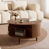 Round Lift Top Coffee Table with Vertical Slat Design - MDF Living Room Table with Hidden Storage and Sliding Door, Walnut