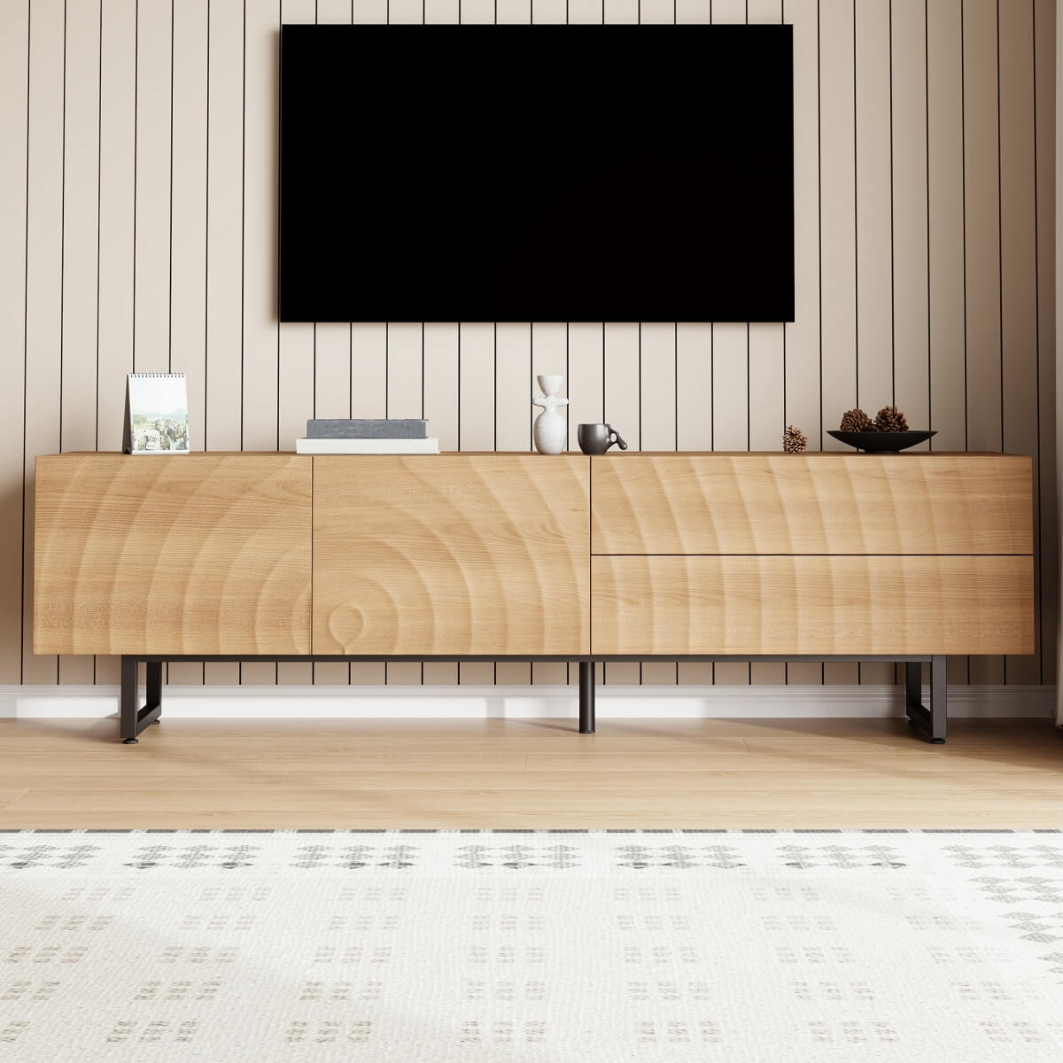Modern TV Stand - TV Unit with 3D Textured Doors, Low TV Cabinet for Living Room
