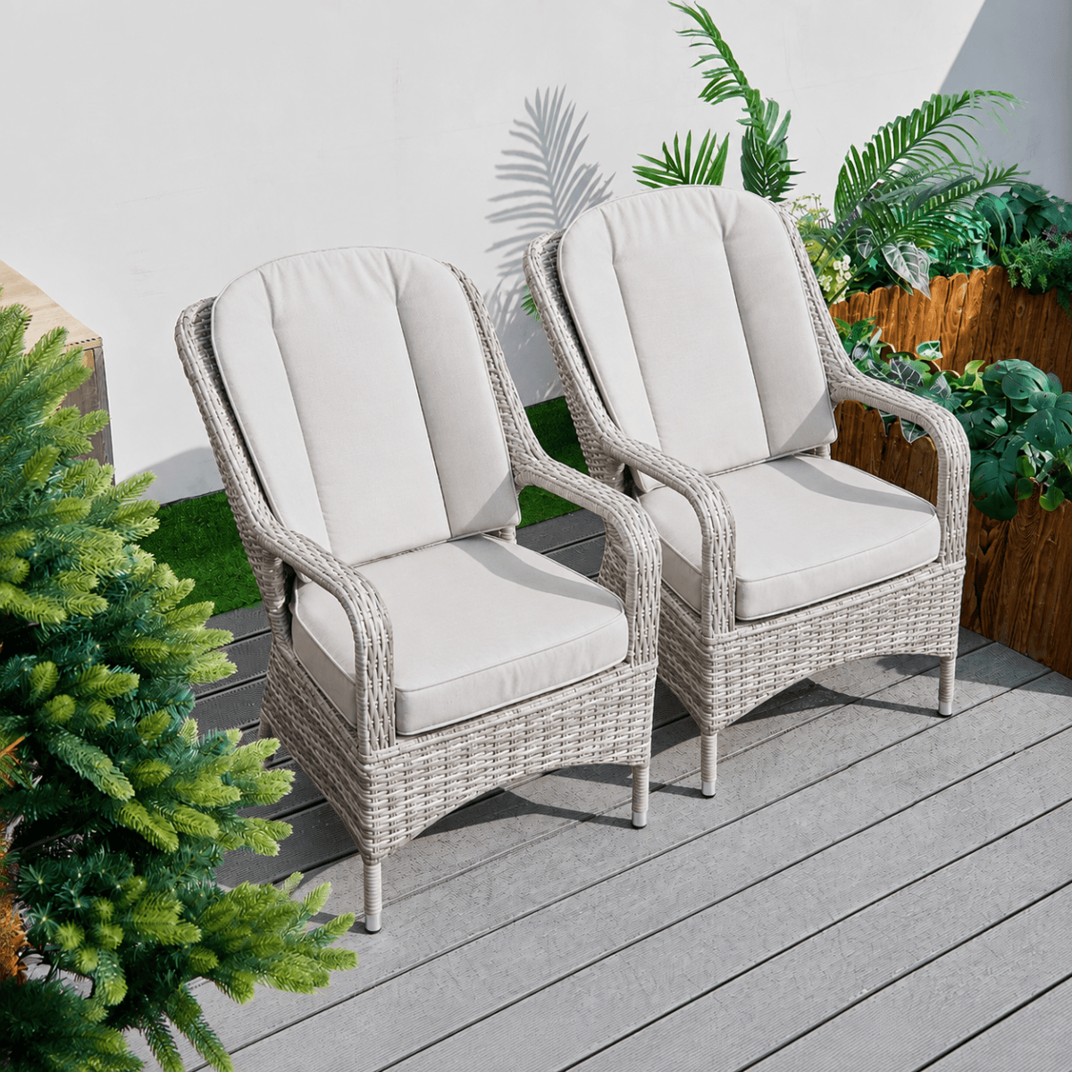 Set of 2 Rattan Garden Dining Chairs - Aluminium Frame, Outdoor Armchairs