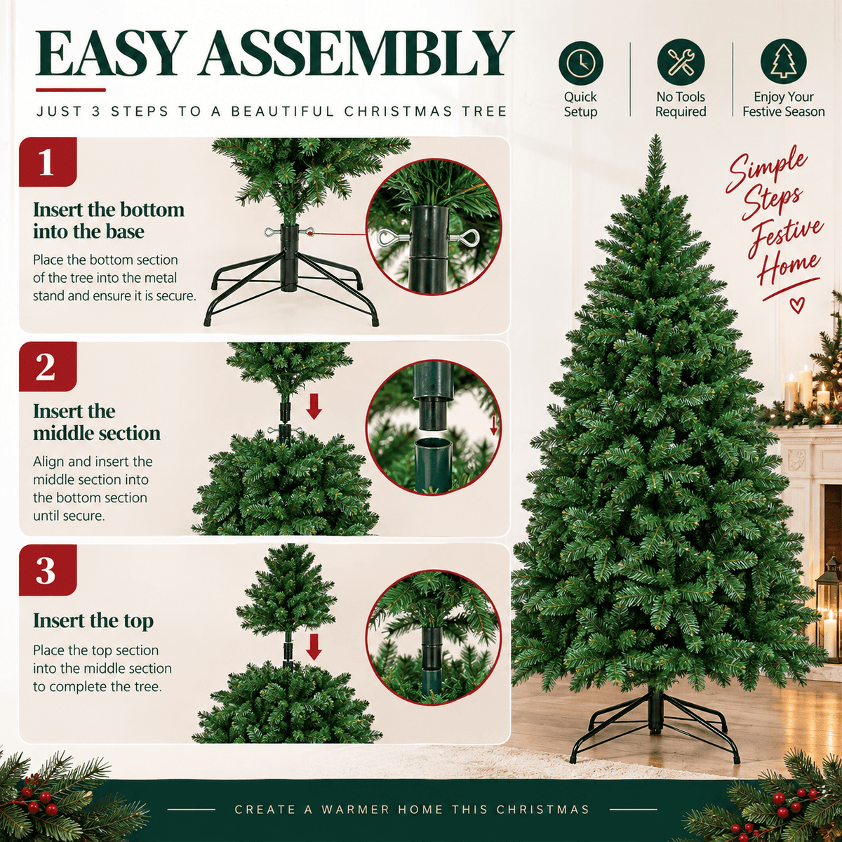 Realistic Full Green Artificial Christmas Tree - Lush PVC Xmas Tree for Indoor Home & Festive Decoration, 5ft/6ft/7ft