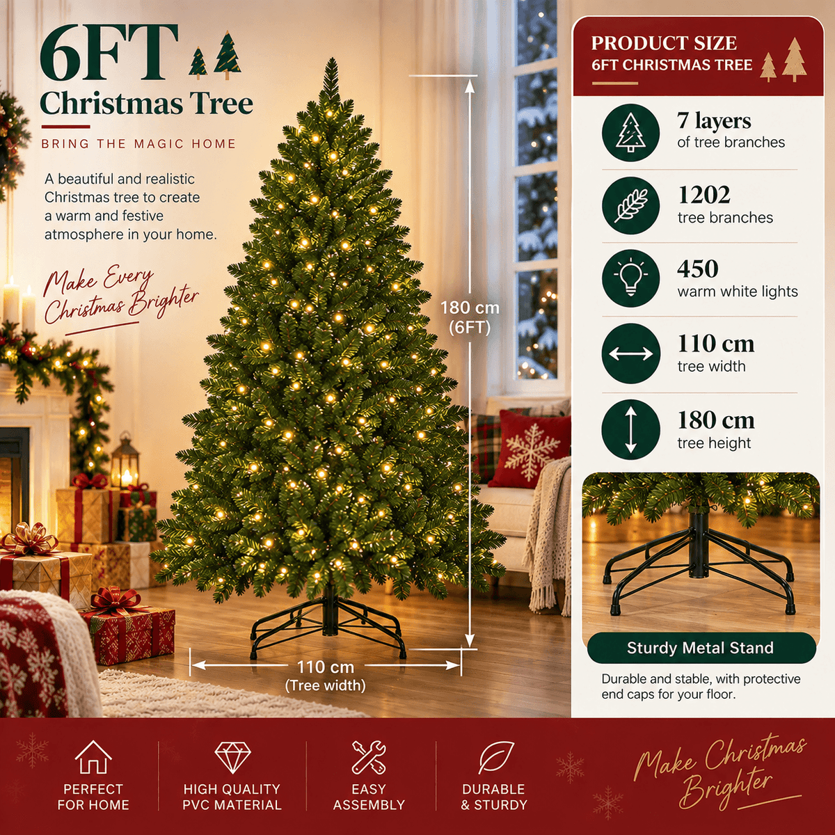 Realistic Full Green Artificial Christmas Tree - Lush PVC Xmas Tree with Pre-Lit Warm White LED Lights for Indoor Festive Decoration, 6ft/7ft