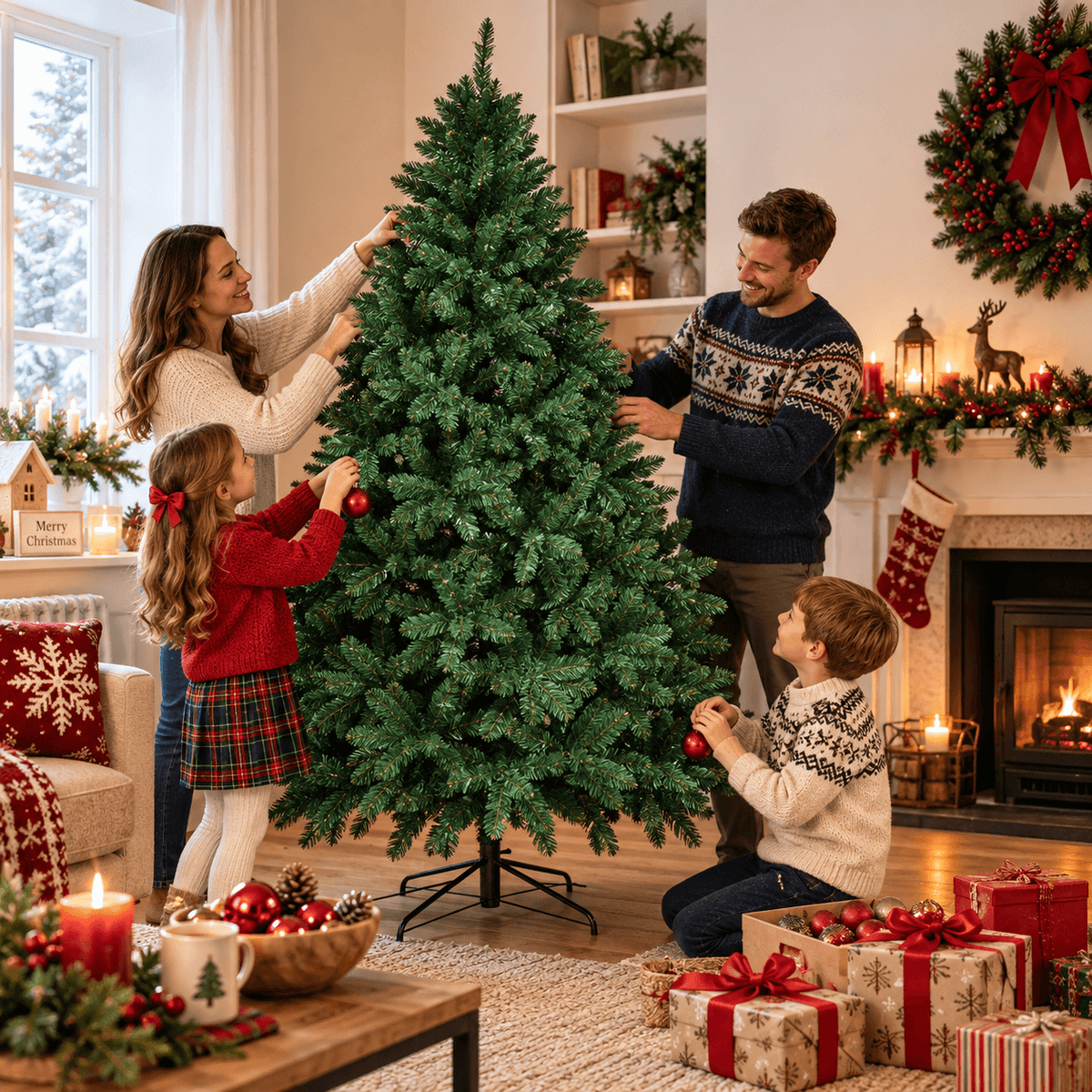 Realistic Full Green Artificial Christmas Tree - Lush PVC Xmas Tree for Indoor Home & Festive Decoration, 5ft/6ft/7ft