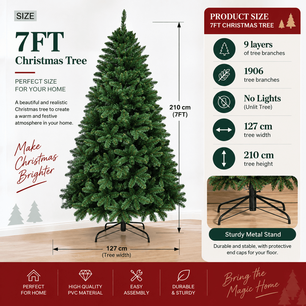 Realistic Full Green Artificial Christmas Tree - Lush PVC Xmas Tree for Indoor Home & Festive Decoration, 5ft/6ft/7ft