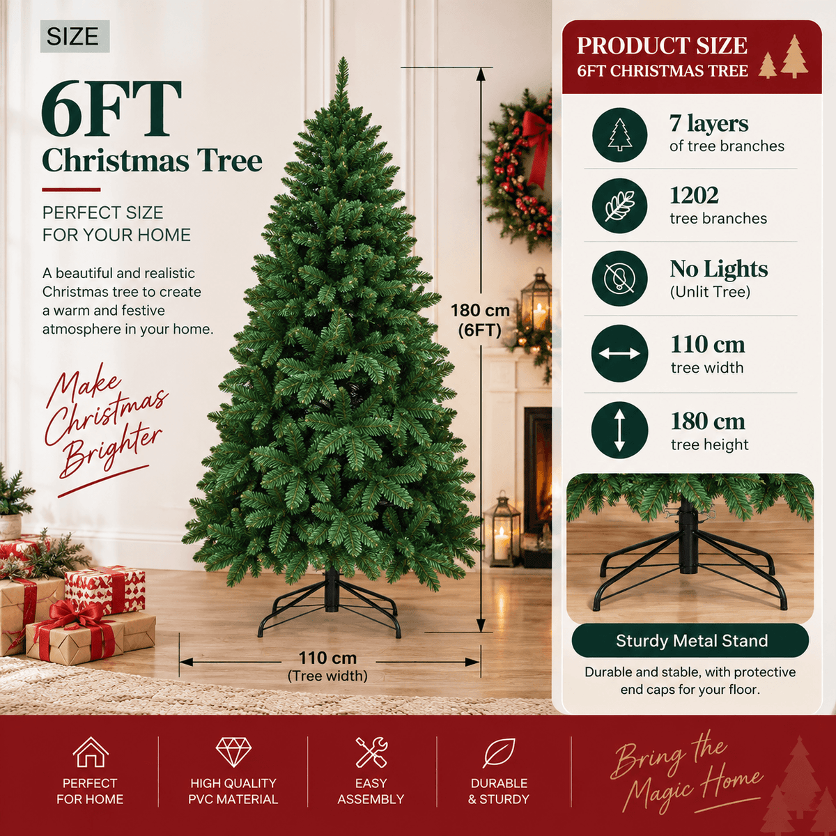 Realistic Full Green Artificial Christmas Tree - Lush PVC Xmas Tree for Indoor Home & Festive Decoration, 5ft/6ft/7ft