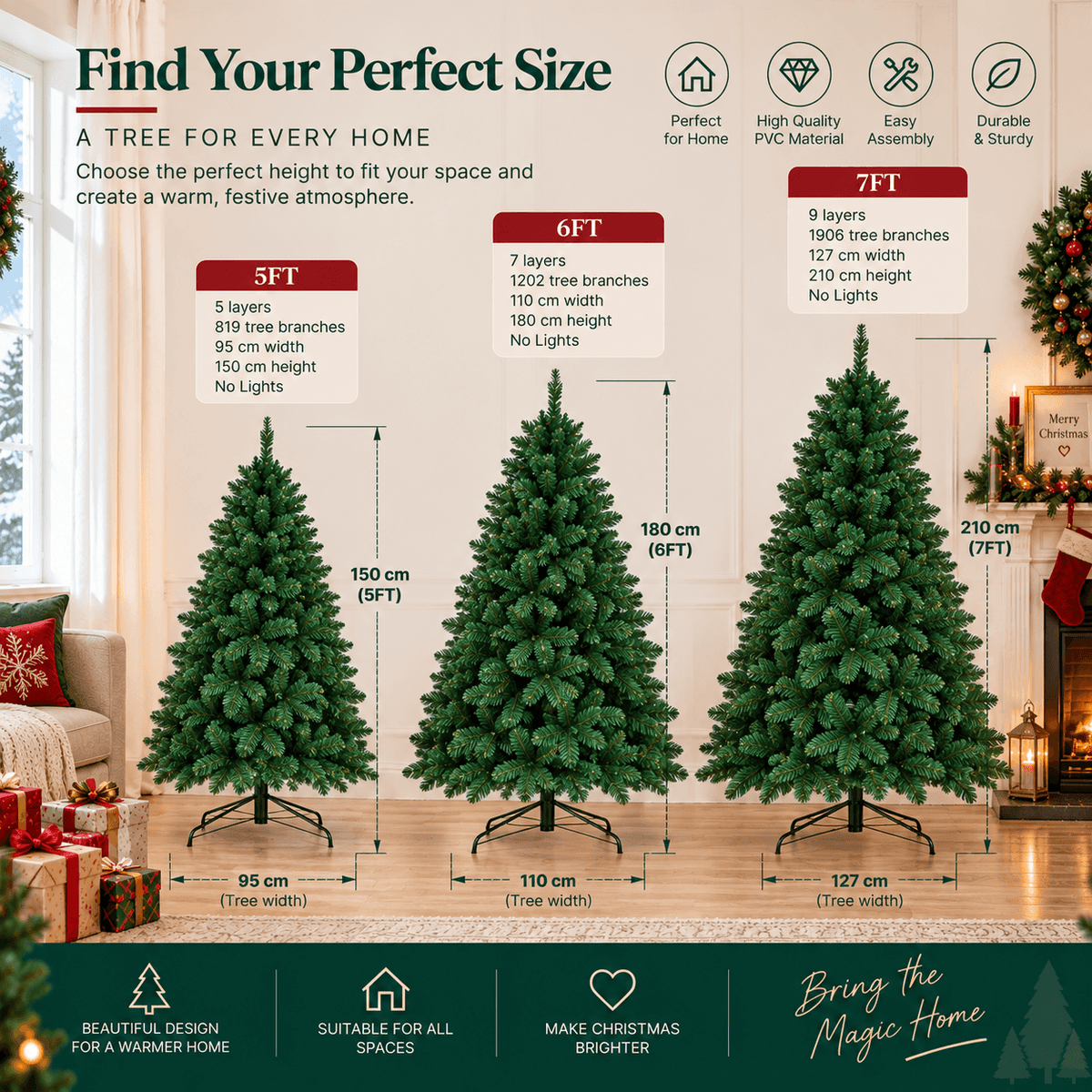 Realistic Full Green Artificial Christmas Tree - Lush PVC Xmas Tree for Indoor Home & Festive Decoration, 5ft/6ft/7ft