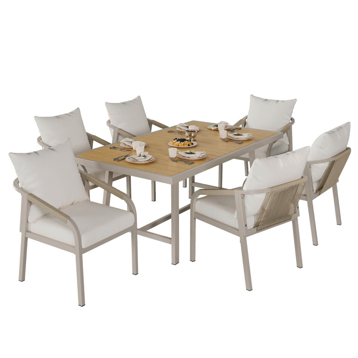 6 Seater Garden Dining Set - Galvanised Iron Frame, Rope Chairs & Wood Effect Table, Beige