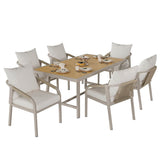 6 Seater Garden Dining Set - Galvanised Iron Frame, Rope Chairs & Wood Effect Table, Beige