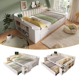 4ft6 Double Wooden Daybed with Pull-Out Trundle - Sofa Bed with Storage Cabinet, USB and Type-C Charging Station, White
