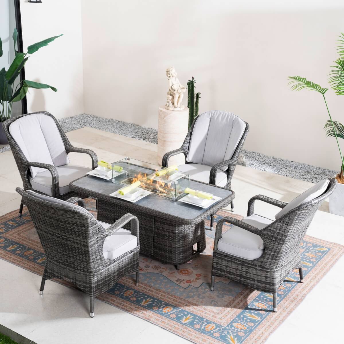 Outdoor Rattan Fire Pit Dining Set with Aluminium Frame — Lift-Top Fire Table & 4 Armchairs