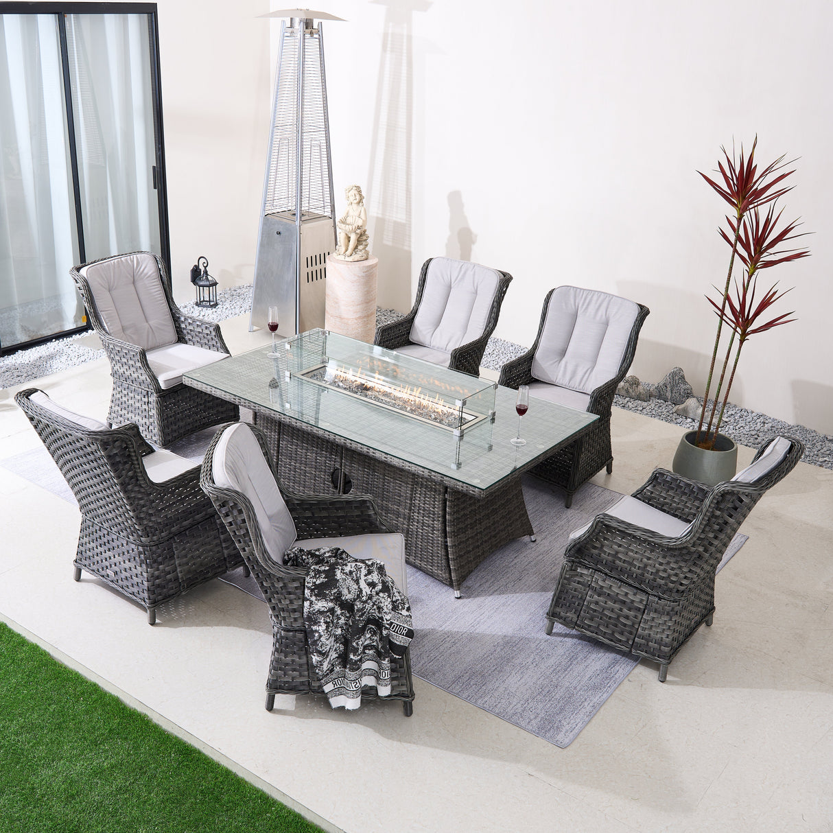 6-Seater Outdoor Patio Dining Set – Rectangle Fire Pit Table for Garden and Terrace