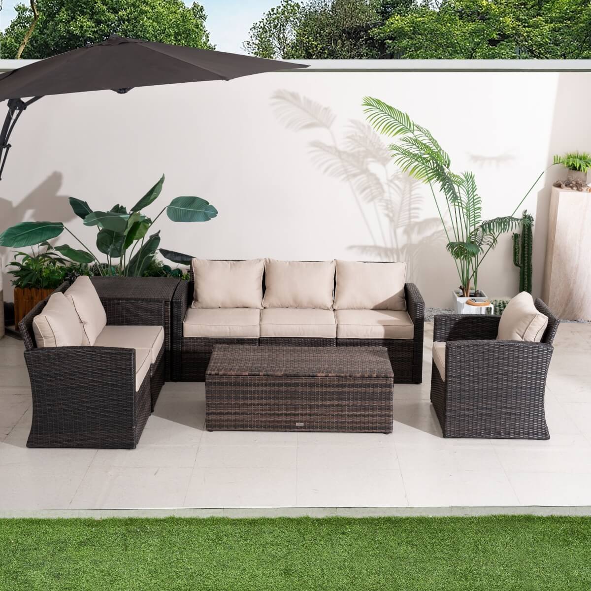 6 Seater Outdoor Garden Lounge Set – Rattan Sofa with Coffee Table and Side Table Featuring Built-In Storage, Cushions Included