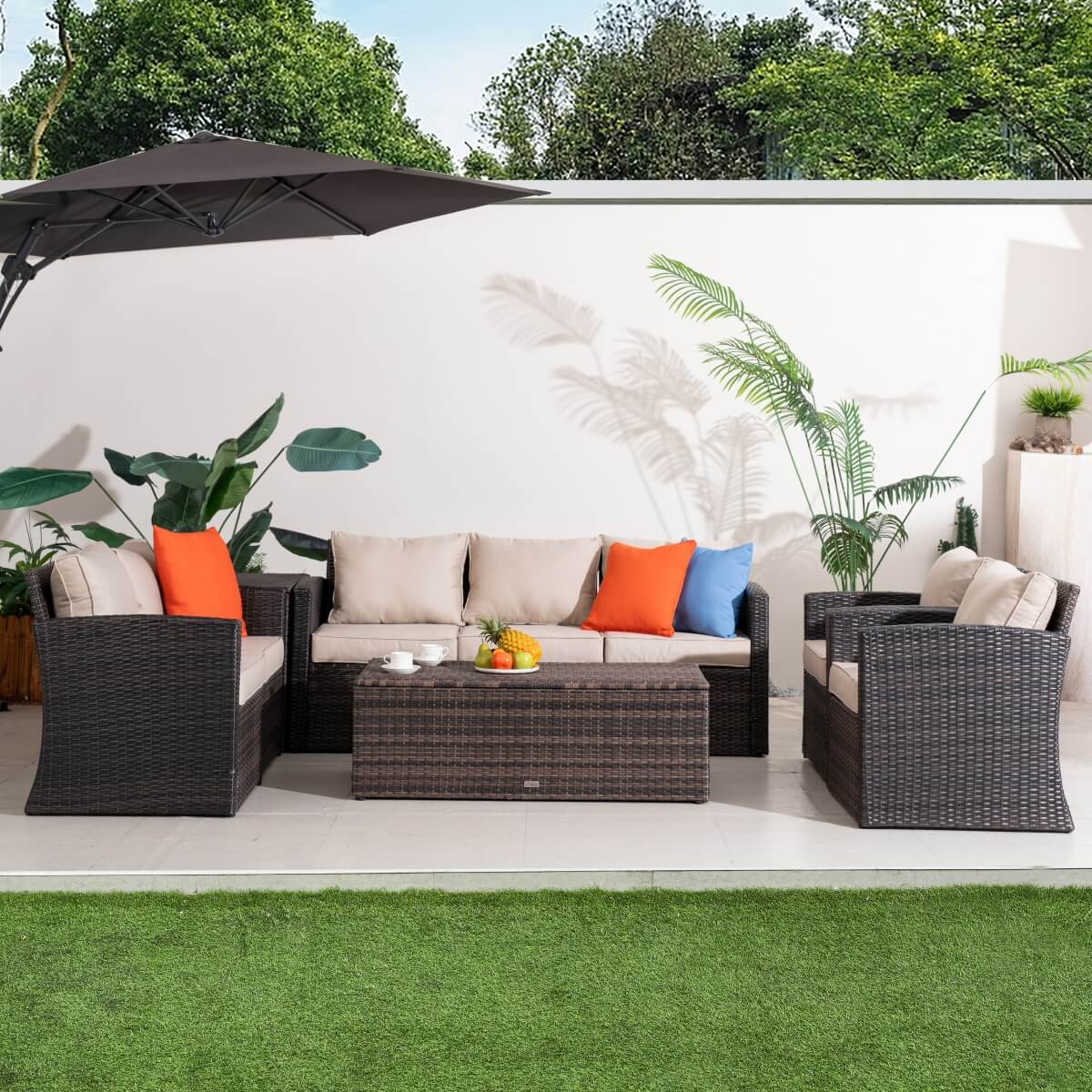 7 Seater Outdoor Garden Lounge Set – Rattan Sofa with Coffee Table and Side Table Featuring Built-In Storage